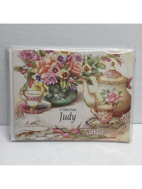 Note Cards Envelopes Set 10 Blank Personalized "A Note From Judy" Floral Tea Set